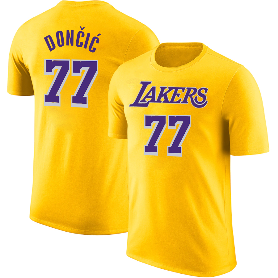 Men NBA Los Angeles Lakers 77 Doncic yellow T shirts